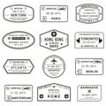 Custom and travel passport stamp set. International Airport visa stamps. Vector illustration